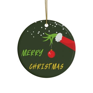 Grinch Christmas Ornament – Hand-Painted Ceramic Holiday Decor, Whoville-Inspired Gift, Festive Tree Decoration