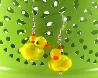 Lampwork Glass Duck Earrings, Sterling Silver (925) with Choice of Lever Back or Wire, Farm Animal Jewelry, Quirky Animal Gifts for Her