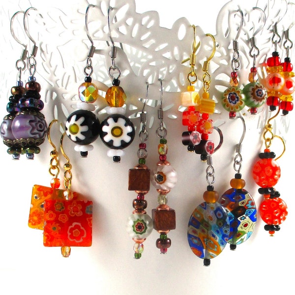 Boucles d'oreilles automne audacieuses en verre Millefiori, pendentifs couleurs automnales, crochets d'oreilles hypoallergéniques, boucles d'oreilles de demoiselle d'honneur, pendentifs indépendants en verre faits main