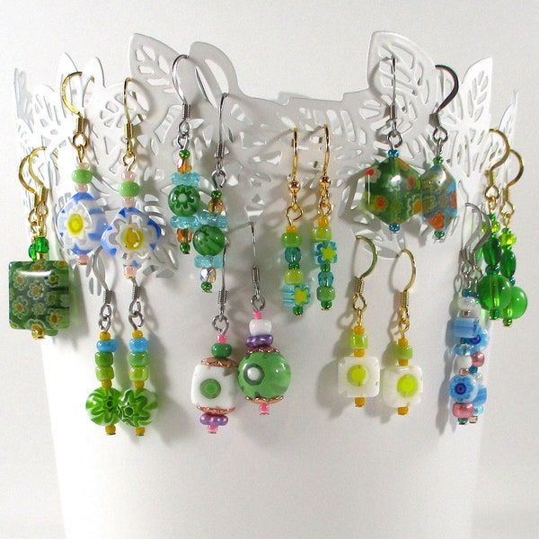 Fresh Spring Millefiori Glass Earrings, Easter Basket Gifts, Green Glass Dangles, Harry Styles Inspired Earrings, Daisy Pattern Dangles