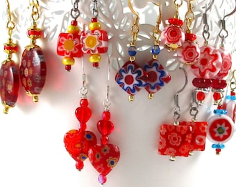 Hot Red Millefiori Glass Earrings, Hypoallergenic Ear Wires, Bright Crimson Red Bridesmaid Earrings, Glass Indie Dangles, Fun Boho Jewelry