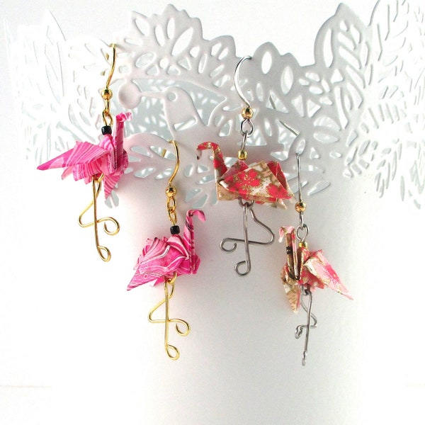 Origami Pink Flamingo Earrings on Steel Wires, Lawn Flamingo Dangles, Japanese Washi Paper, Quirky First Anniversary Gifts for Her