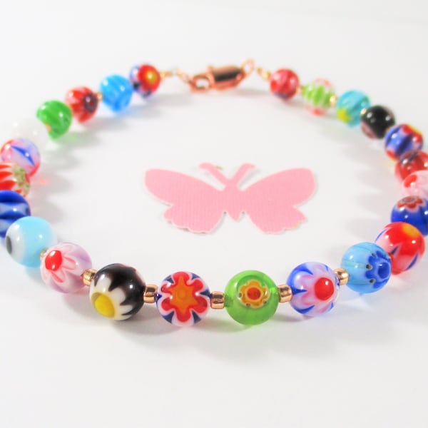 6mm Round Millefiori Bracelet with Glass Accents, Choice of Lobster Clasp Color, Made to Order, Indie Harry Styles Inspired