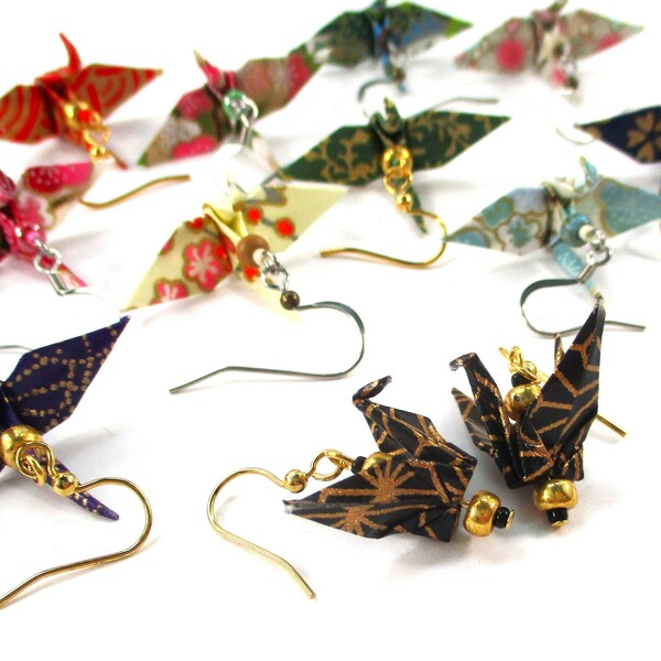 Dainty Origami Crane Earrings, Resin Coated Paper Earrings, Hypoallergenic Wires, Traditional Tsuru on Chiyogami Paper, Sustainable Dangles