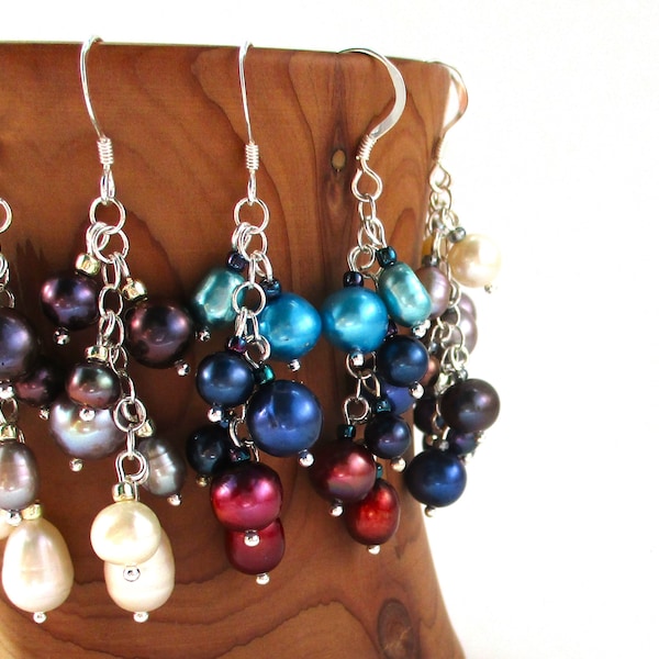 Winter Pearl Cluster Earrings, All Sterling Silver, 2" Long with Sterling Ear Wires, Winter Dangles, Snow and Cold Weather Colors