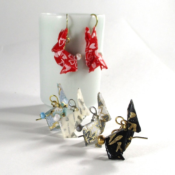Origami Bunny Rabbit Earrings, Japanese Washi Paper Dangles, Quirky First Anniversary Gifts for Her, Offbeat Bunny Ears, Ready to Ship