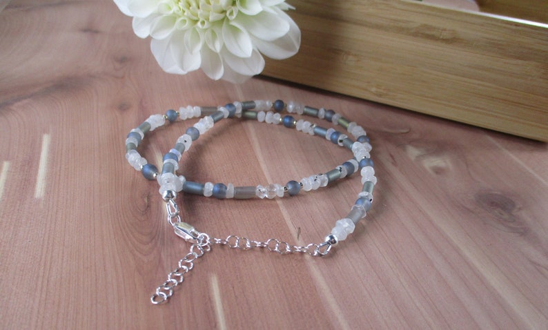 Sterling Silver Rainbow Moonstone and Gray Glass Necklace