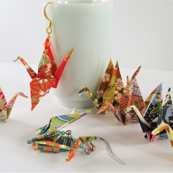 Origami Paper Crane Earrings, on Steel Wires, UV Sealed, Traditional Japanese Washi Paper, First Anniversary Gifts for Her