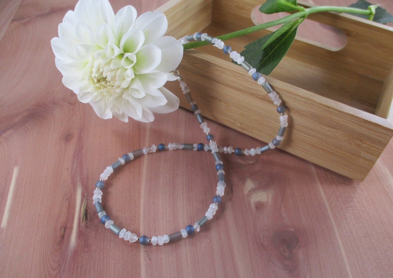 Sterling Silver Rainbow Moonstone and Gray Glass Necklace