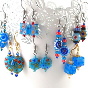 Aqua Blue Millefiori Glass Earrings, Choice of Gold or Silver Finish, Floral Dangles, Colorful Bright Blue Fun Earring, Turquoise Glass