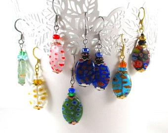 Boucles d'oreilles ovales en verre Millefiori, Boucles d'oreilles hypoallergéniques, Acier inoxydable, Boucles d'oreilles indépendantes colorées, Cadeaux style victorien, Pendentif Millefiori