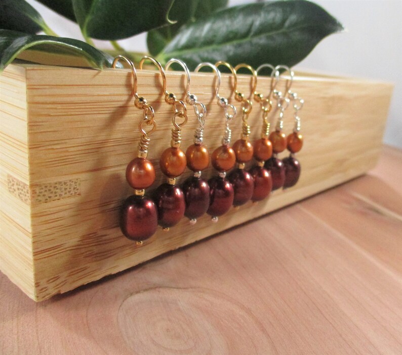 Gold or Silver Plated Steel Ear Wires Cranberry Red and Pumpkin Orange Colored Freshwater Pearl Earrings