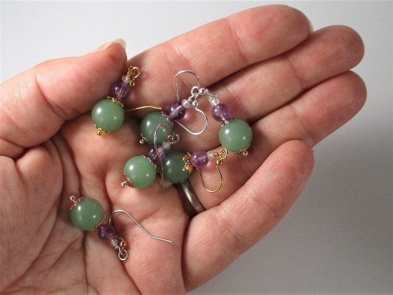 Customized Finish and Floral Accents Natural Gemstone Jewelry Steel Ear Wires Aventurine Dangle Earrings with Amethyst and Aquamarine