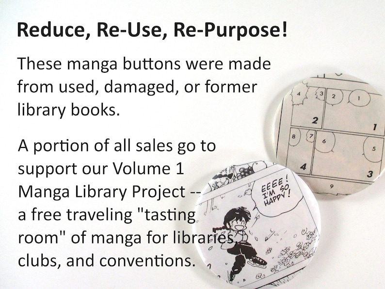 May include: Two round buttons with black and white manga illustrations. One button features a character from a manga comic saying "EEEE! I'M SO HAPPY!" The other button shows a page from a manga comic with numbered panels.
