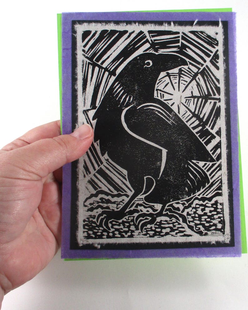 Handmade Raven Linocut Art Print, A7 Size Hand-printed Art on Natural ...
