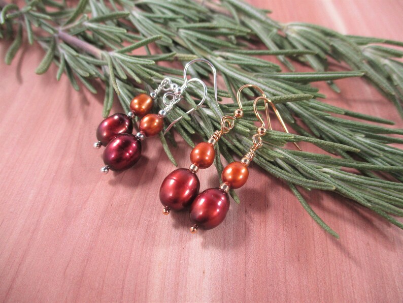 Gold or Silver Plated Steel Ear Wires Cranberry Red and Pumpkin Orange Colored Freshwater Pearl Earrings
