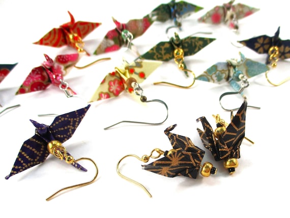 Dainty Origami Crane Earrings, Resin Coated Paper Earrings, Hypoallergenic Wires, Traditional Tsuru on Chiyogami Paper, Sustainable Dangles