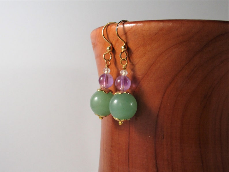 Customized Finish and Floral Accents Natural Gemstone Jewelry Steel Ear Wires Aventurine Dangle Earrings with Amethyst and Aquamarine