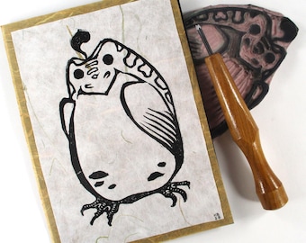 Handmade Original Linocut Art Print, A7 size Hand-Printed Art on Natural Fiber Mulberry Paper