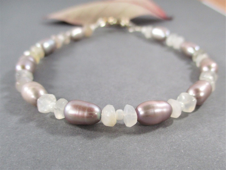 Silver Rice Pearls and White Moonstone Bracelet 7 Sterling Silver