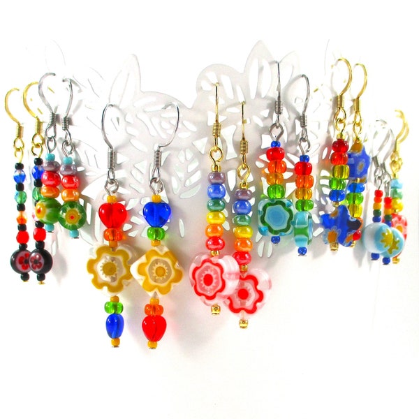 Bright Rainbow Millefiori Glass Earrings, Hot Girl Summer Dangles, Fun Indie Earrings, Pride & LGBT Flag Jewelry, Bright Beach Bling