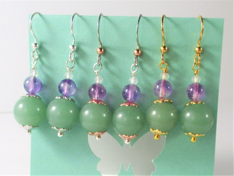 Customized Finish and Floral Accents Natural Gemstone Jewelry Steel Ear Wires Aventurine Dangle Earrings with Amethyst and Aquamarine