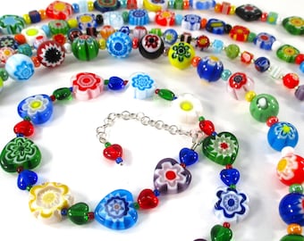 Rainbow Millefiori Glass Necklaces, Sterling Silver Clasps, 16" with Extender to 18", Bespoke Jewelry, Harry Styles Inspired, Y2K Choker