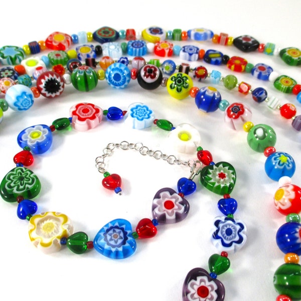 Rainbow Millefiori Glass Necklaces, Sterling Silver Clasps, 16" with Extender to 18", Bespoke Jewelry, Harry Styles Inspired, Y2K Choker