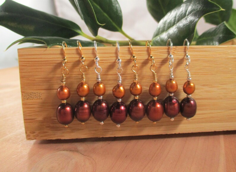 Gold or Silver Plated Steel Ear Wires Cranberry Red and Pumpkin Orange Colored Freshwater Pearl Earrings
