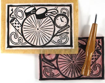 Handmade Steampunk Paraphernalia Linocut Art Print, A7 Hand-Printed Art on Natural Fiber Mulberry Paper