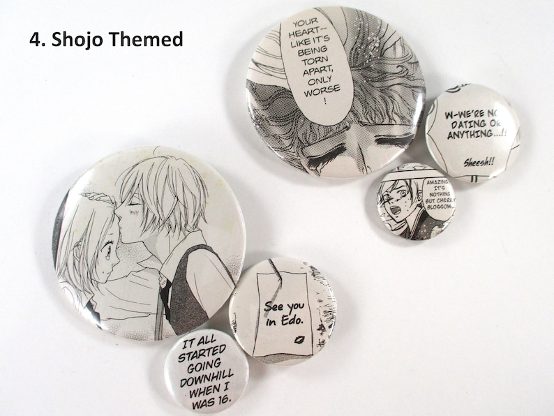 Out of Context Manga Buttons, Sets of 3+, Themed or Random, Multiple Sizes, Itabag Accessories, Small Gifts for Geek, Nerd, & Otaku Friends 4. Shojo Themed