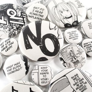 Out of Context Manga Buttons, Sets of 3+, Themed or Random, Multiple Sizes, Itabag Accessories, Small Gifts for Geek, Nerd, & Otaku Friends image 1