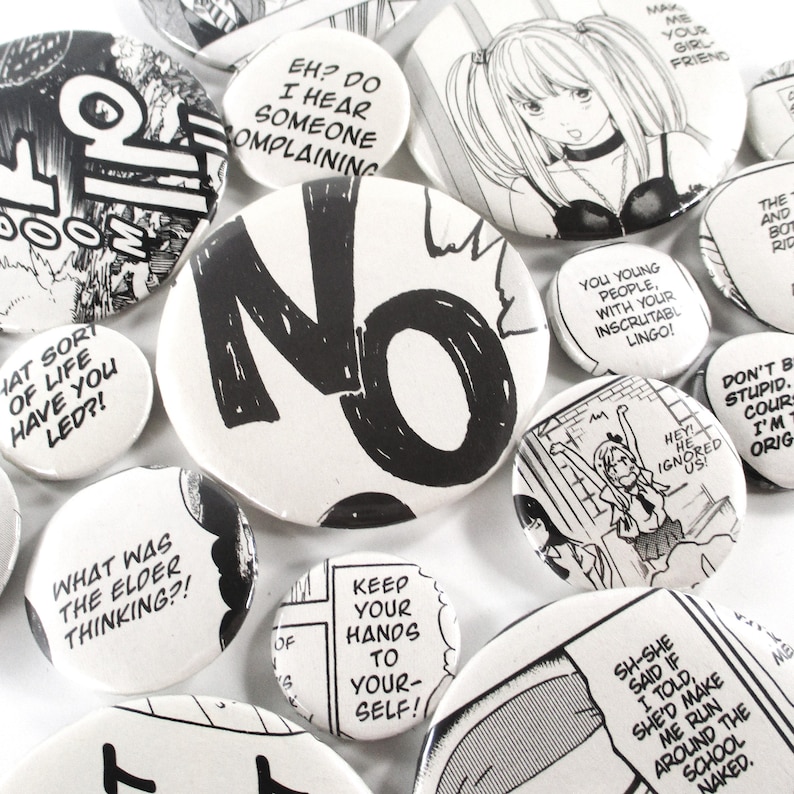 Out of Context Manga Buttons, Sets of 3+, Themed or Random, Multiple Sizes, Itabag Accessories, Small Gifts for Geek, Nerd, & Otaku Friends image 1