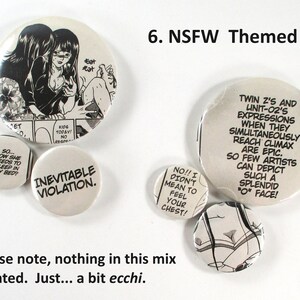 May include: A set of 6 round buttons with black and white illustrations and text. The buttons feature anime-style characters and text related to the show "Neon Genesis Evangelion".