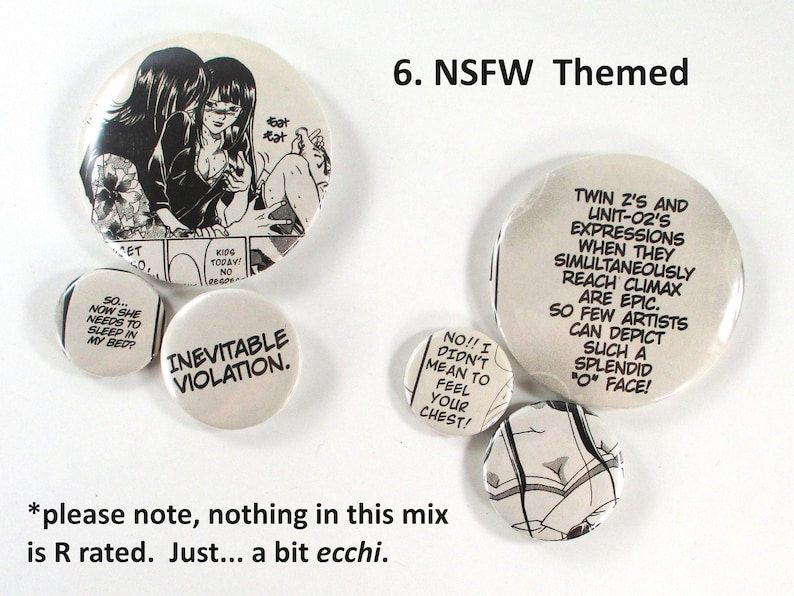 May include: A set of 6 round buttons with black and white illustrations and text. The buttons feature anime-style characters and text related to the show "Neon Genesis Evangelion".