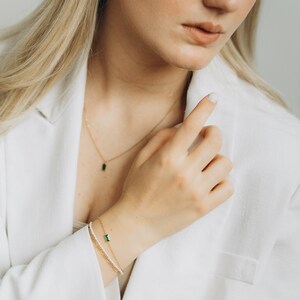 EMERALD | Minimalist gold-plated stainless steel chain with green zirconia pendant | cube pendant image 5