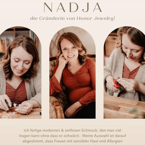 May include: A woman smiles as she works on jewelry. The text "Hi, ich bin NADJA die Gr&uuml;nderin von Honor Jewelry!" is at the top of the image. The text "Ich fertige modernen & zeitlosen Schmuck, den man viel tragen kann ohne dass er schw&auml;rzt. Meine Auswahl ist darauf abgestimmt, dass Frauen mit sensibler Haut und Allergien bedenkenlos Schmuck einkaufen k&ouml;nnen." is at the bottom of the image.