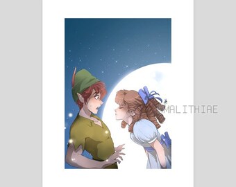 primo bacio. /disney/peter pan × wendy + tinkerbell / stampa artistica da collezione A5 per gli amanti di Peter Pan