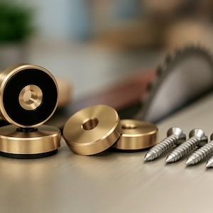 1 SET (4 pieces) Premium Brass Cutting Board Feet | 1” Diameter | Non-Slip Silicone Base | Stainless Wood Screws | Woodworking Hardware