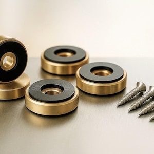 1 SET (4 pieces) Premium Brass Cutting Board Feet | 1” Diameter | Non-Slip Silicone Base | Stainless Wood Screws | Woodworking Hardware