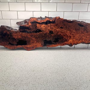 May include: A long, rectangular wooden serving board featuring a live edge and a rich, deep reddish-brown burl wood grain. The surface displays natural dark voids and organic textures throughout, with a small circular metal inlay on the left side.