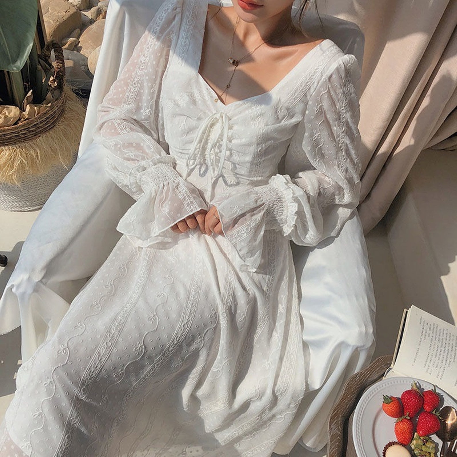 White Victorian Gown Soft Brocade Gown Retro Vintage Dress Etsy