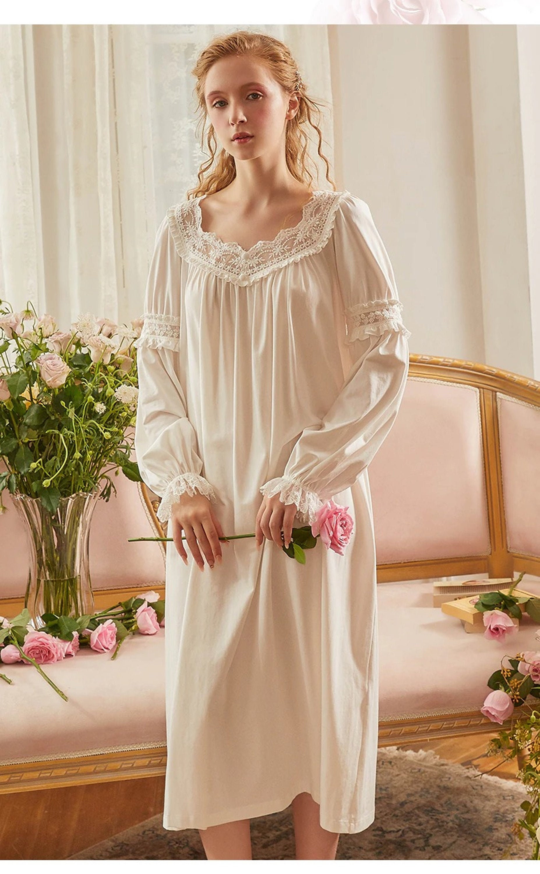 Womens Long Vintage Victorian Cotton Nightgown Chemise Etsy 