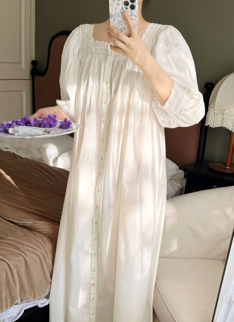 Victorian White Cotton Gown Long Sleeve Summer Nightgowns Etsy