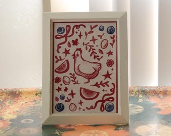 Chicken Print: Rustic Cottagecore Art with Blueberries (5x7" Ready to Frame)