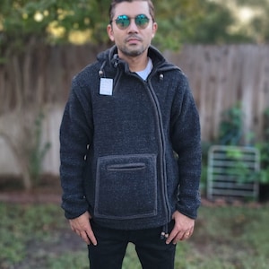 Namaste Handmade Kangaroo Pocket Fleece Lined Winter Unisex Thick Charcoal Natural Warm Pure Woolen Double Layered Jacket.