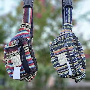 Borsa/marsupio/borsa porta soldi/borsa porta passaporto Namaste, unisex, colorata, alla moda, unica, fatta a mano in canapa biologica