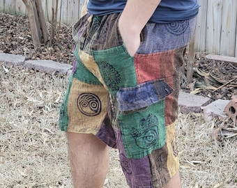 Nepalese Unisex Handmade Colorful Patchwork Stonewashed Prints on each patch Light weight Elastic waist Cotton shorts