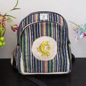 Namaste Colorful Sun Moon Embroidery Natural Unisex Handmade Organic Eco Friendly Backpack image 1