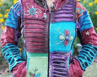 Namaste Veste à capuche en coton hippie pointue multicolore pour femme - Fait à la main